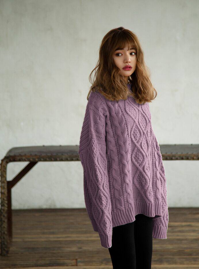 秋冬冬日grl圆领麻花菱形编织宽松oversize慵懒毛衣