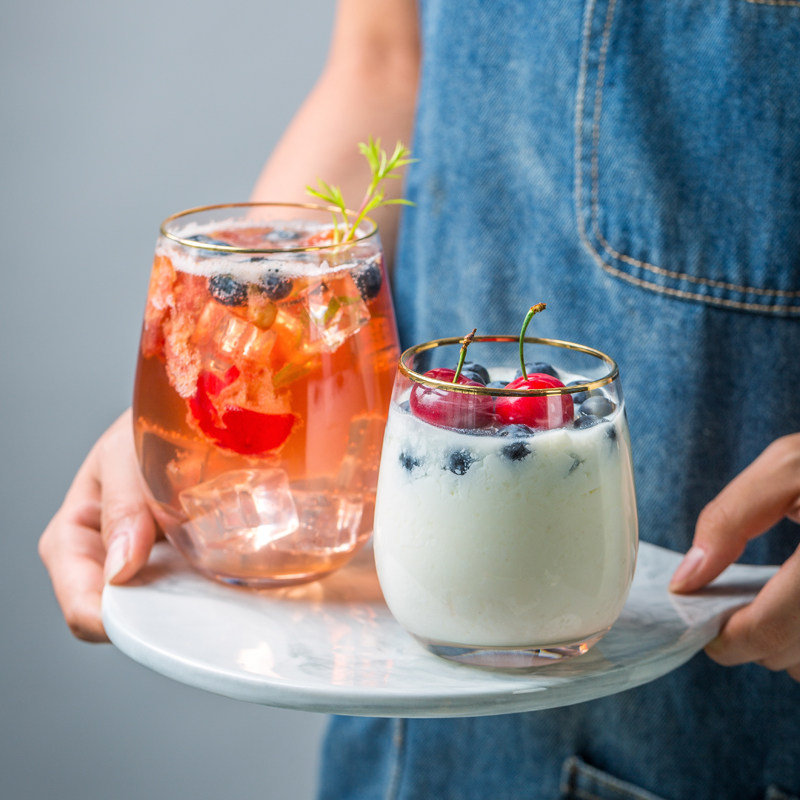 ins大号思慕雪杯描金蛋形玻璃杯酸奶甜品蛋糕杯大肚子果汁杯椭圆