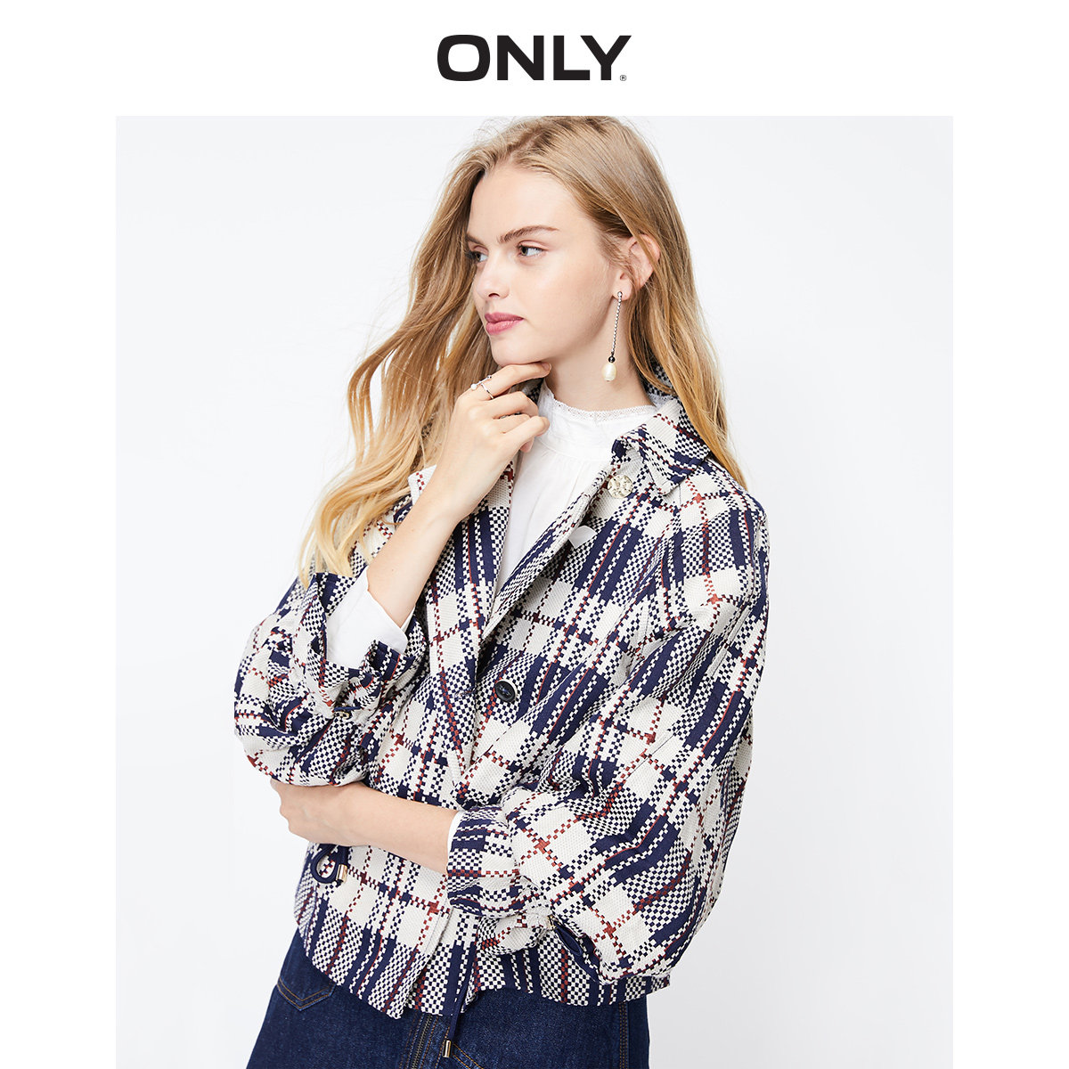 满减only新款短款宽松格子收腰休闲休闲风风衣风衣