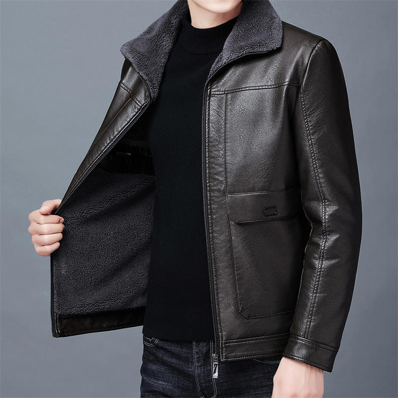 中年秋冬加绒皮衣男中老年男装皮毛一体加厚外套冬季爸爸夹克外衣
