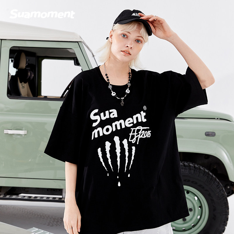 suamoment抓痕三代凹凸血爪印花短袖嘻哈休闲情侣t恤潮杨芸晴同款