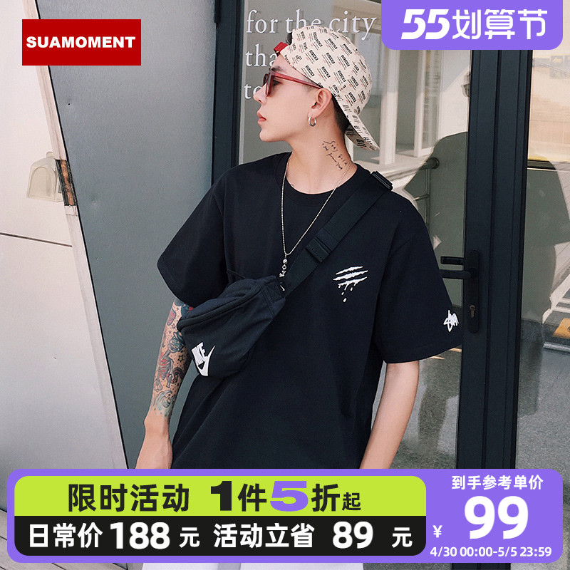 SuaMoment抓痕小爪字母短袖T恤男宽松情侣半袖国潮流纯棉体恤ins