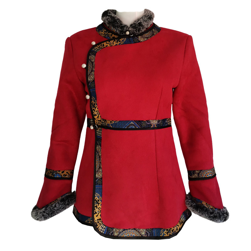 冬季蒙古服装女士立领修身民族风棉衣仿鹿皮绒加厚蒙古袍日常装