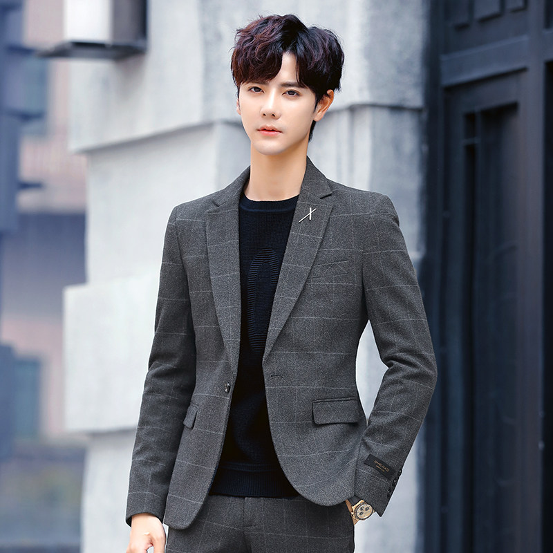 格子西装外套男士套装修身帅气韩版休闲潮流西服