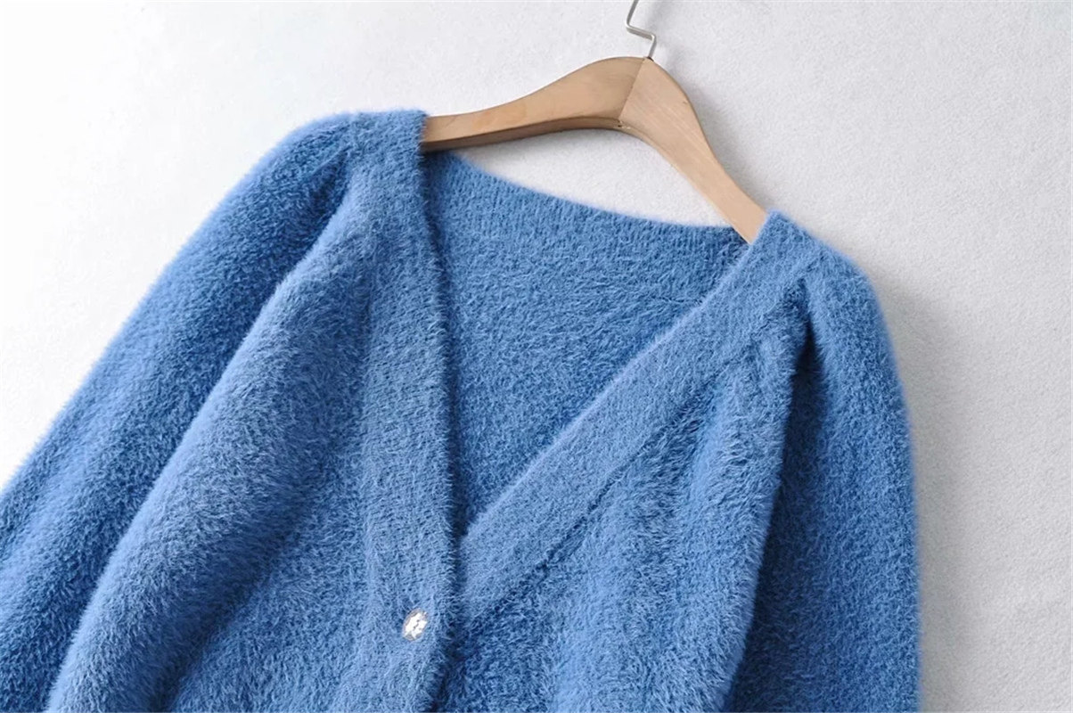 温柔甜美美马海毛开衫毛衣小众简约泡泡高腰纯色毛针织衫