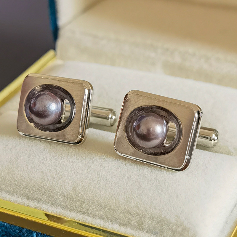 中古vintage日本八十年代袖扣天然akoya珍珠贝母复古袖扣