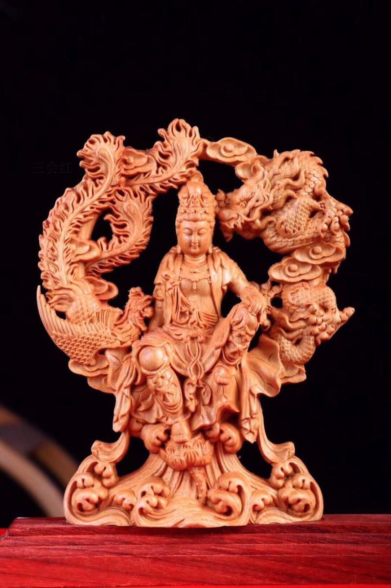 崖柏黄杨木雕龙凤禅意自在观音摆件实木雕刻木雕