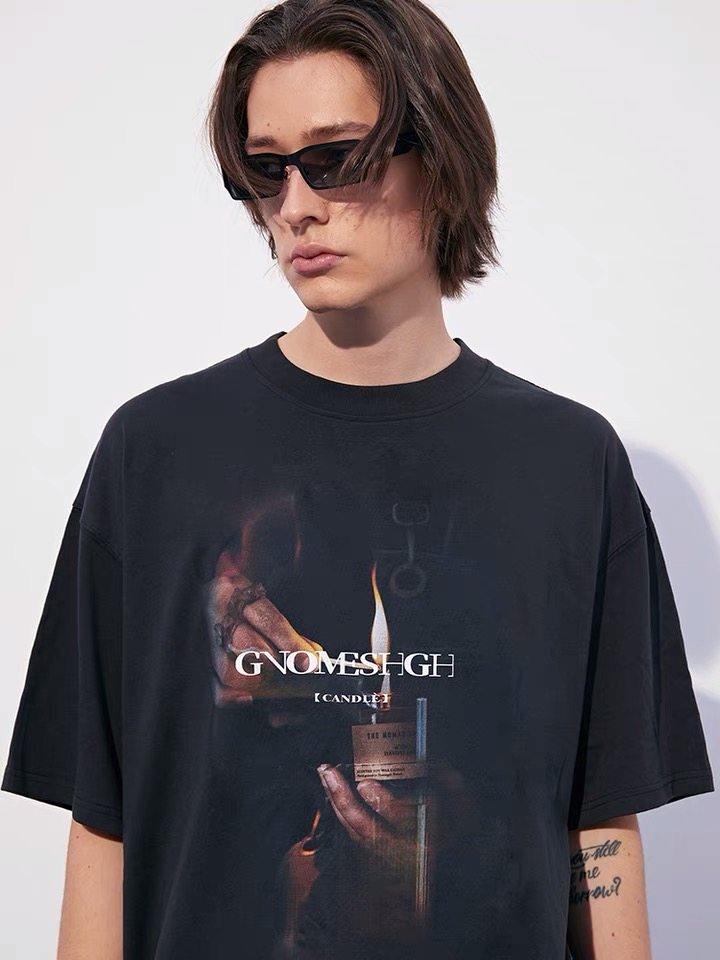 gnomeshgh烛光短袖水洗os男女小众潮流设计t恤