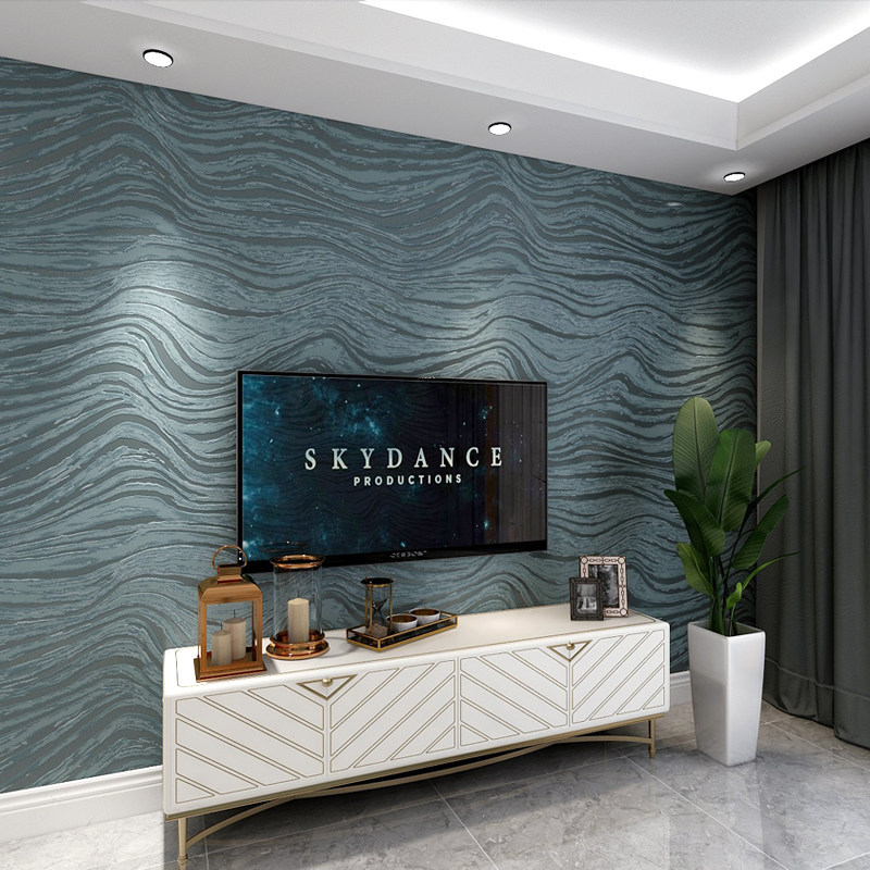 背景墙现代轻奢客厅电视壁布墨绿色深蓝色高级沙发无缝墙布