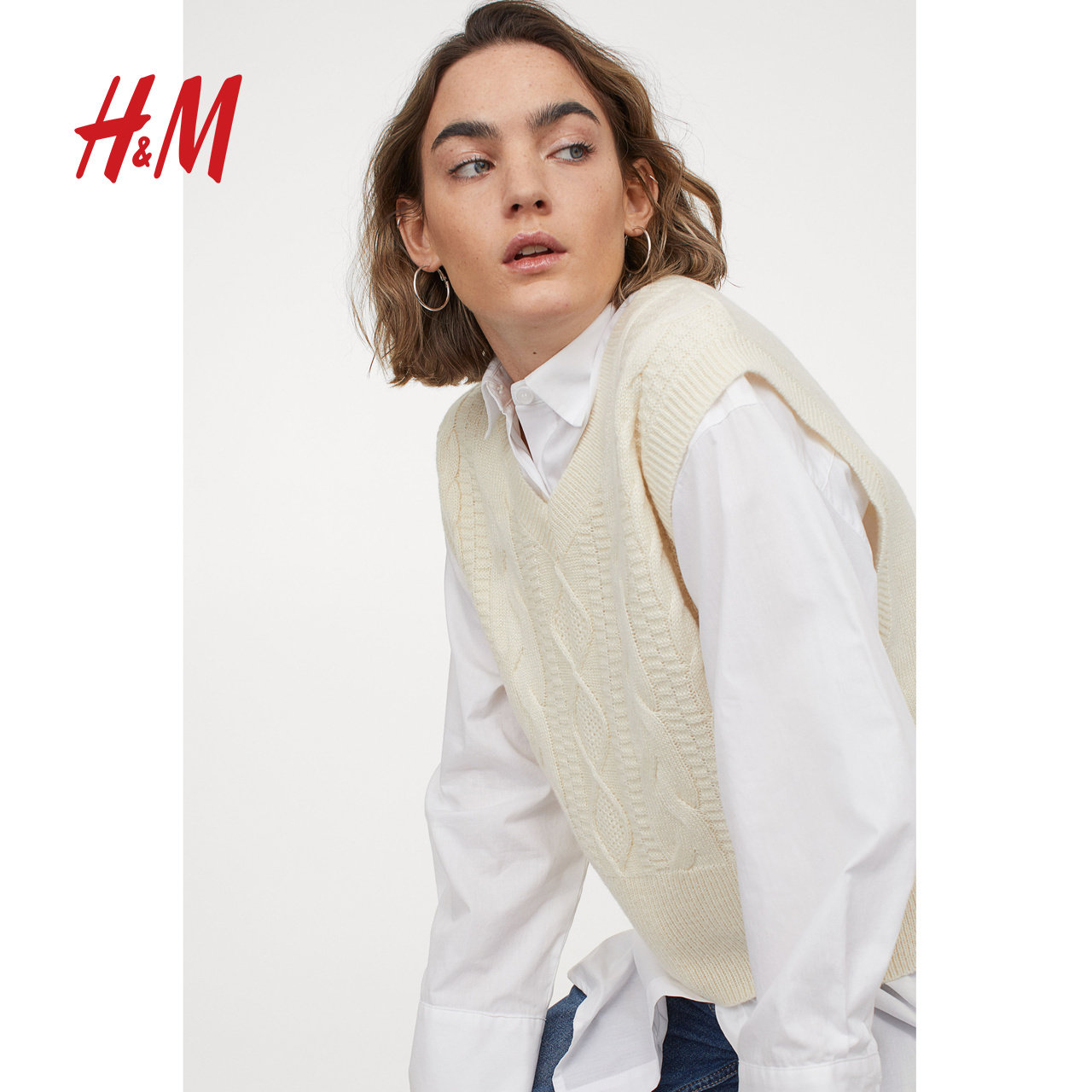 hm divided女装针织衫2021春装新款无袖绞花针织无袖套衫 0974207