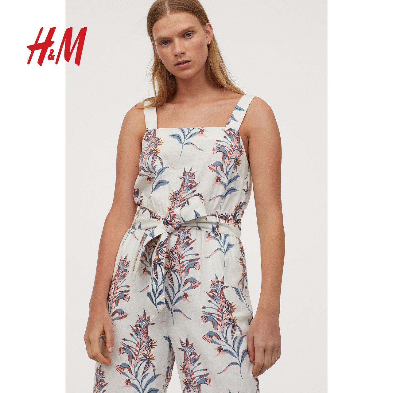 hm女装连体2020夏装新款盐系背带亚麻混纺连体衣