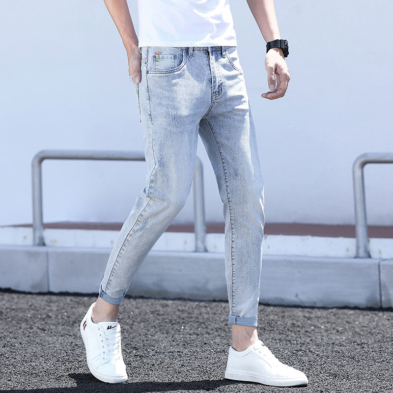 夏季款男士九分牛仔裤夏天男裤2022年新款浅色休闲裤修身小脚裤子