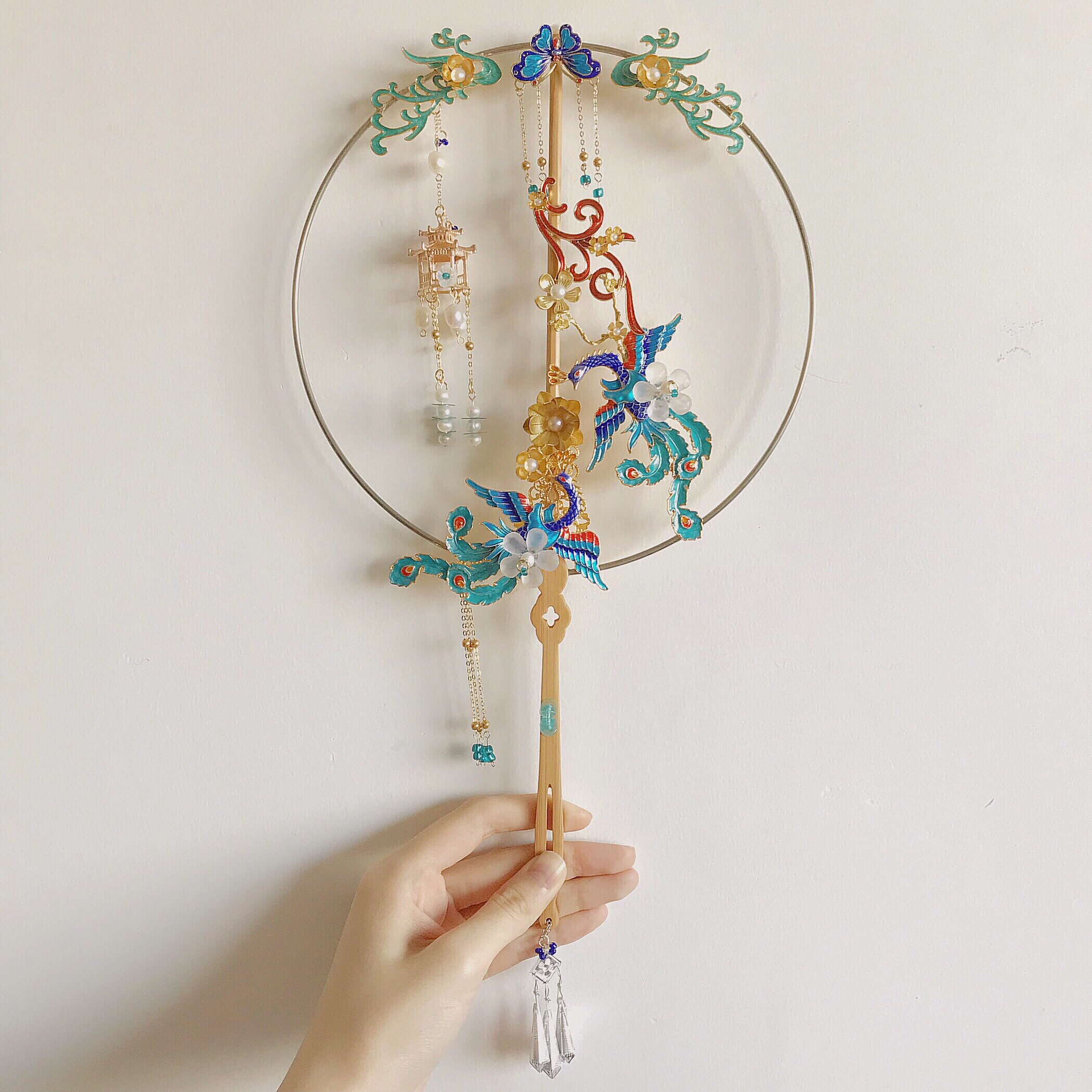 新娘手持diy扇子长柄圆扇女中式团扇手捧婚礼工艺扇