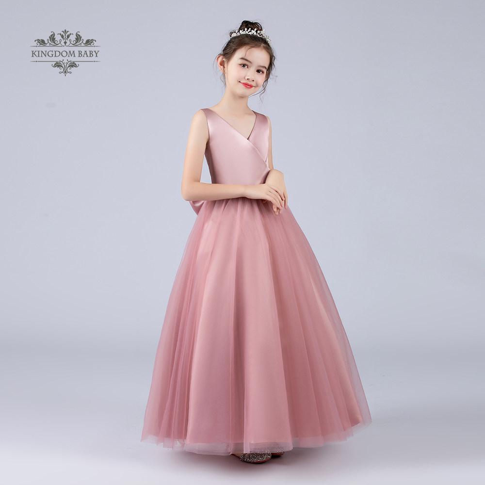 儿童礼服v领女童豆沙粉钢琴演出服