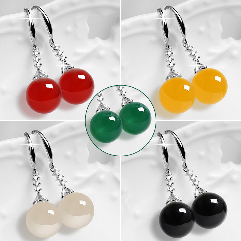 天然玛瑙耳环s925纯银翡翠翠绿玉髓圆珠气质耳饰