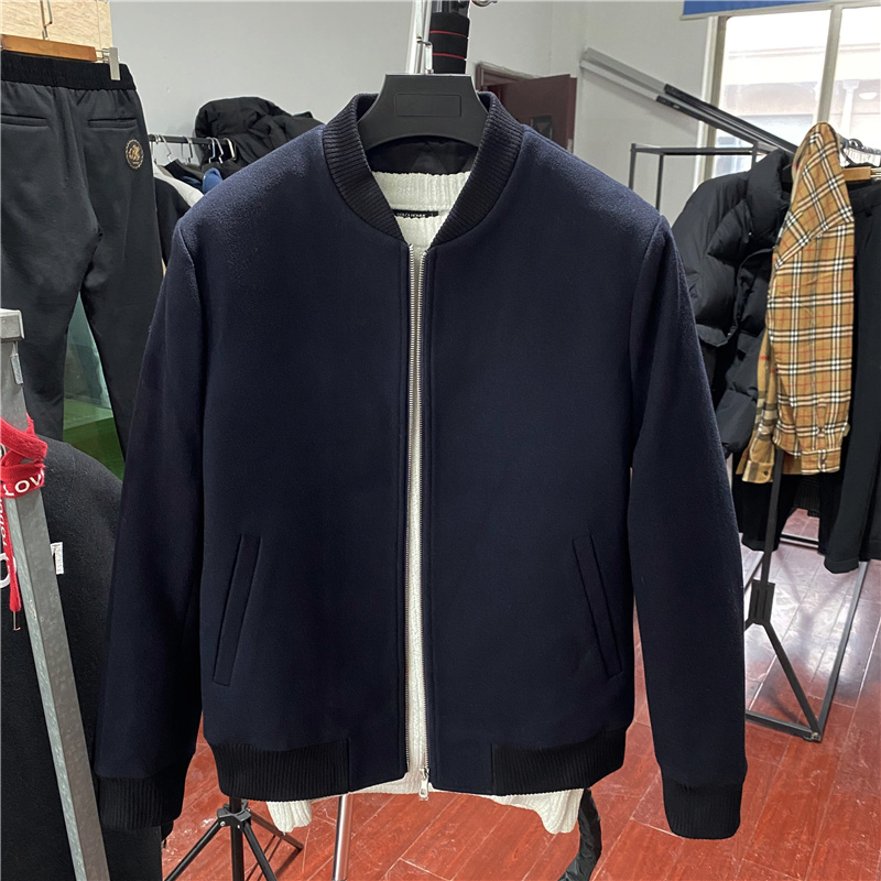 鸟厂春秋新款羊毛呢子夹克男合体修身棒球领加棉厚挺毛呢纯色外套