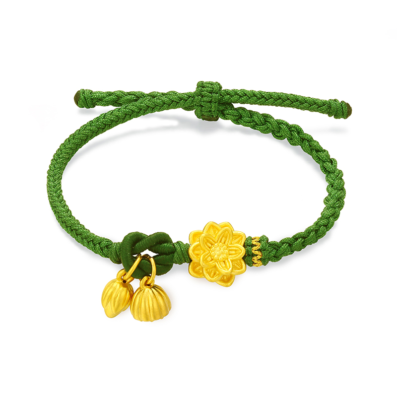 黄金莲花手链女999足金好事连连吊坠纯金莲蓬两世欢手绳编织金饰