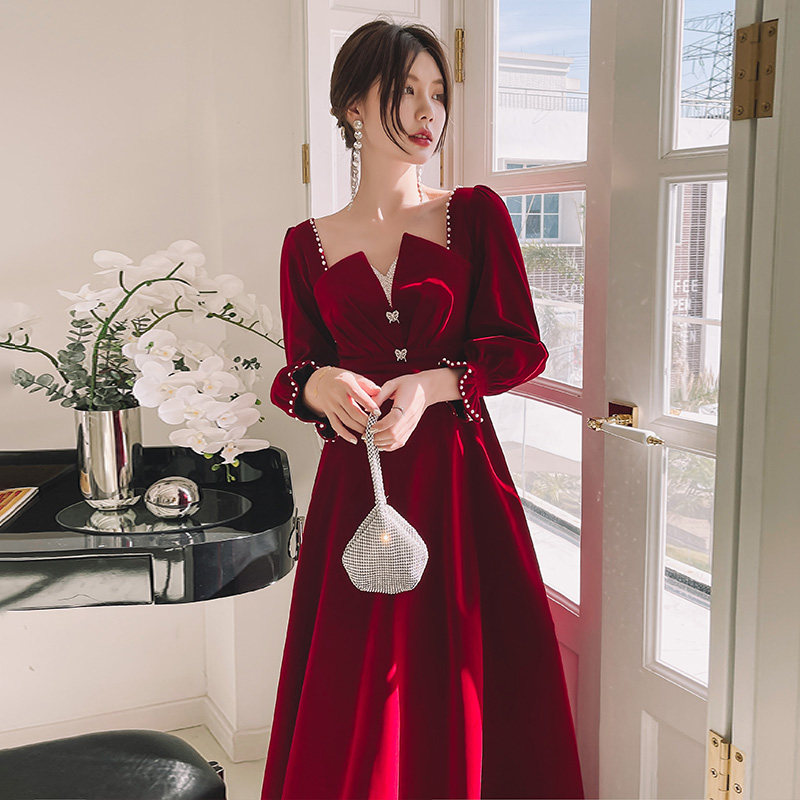 敬酒结婚气质宴会披肩礼服订婚礼订婚长款红色礼服