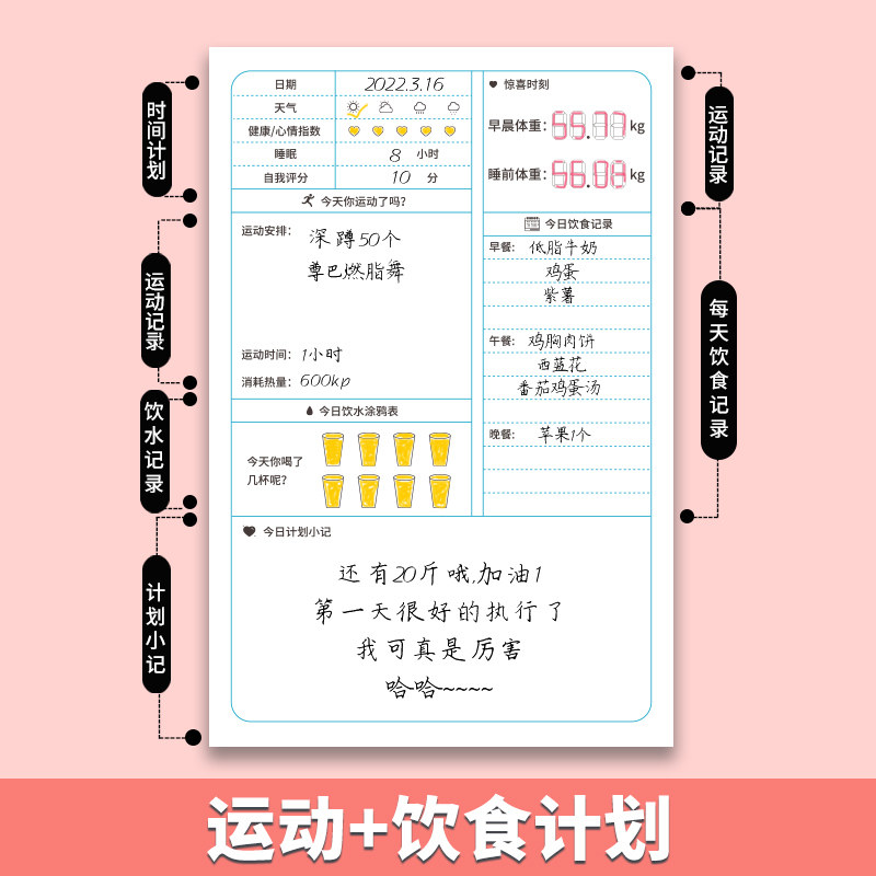 健身记录本减肥瘦身计划打卡100天计划表墙贴自律神器瑜伽工艺品