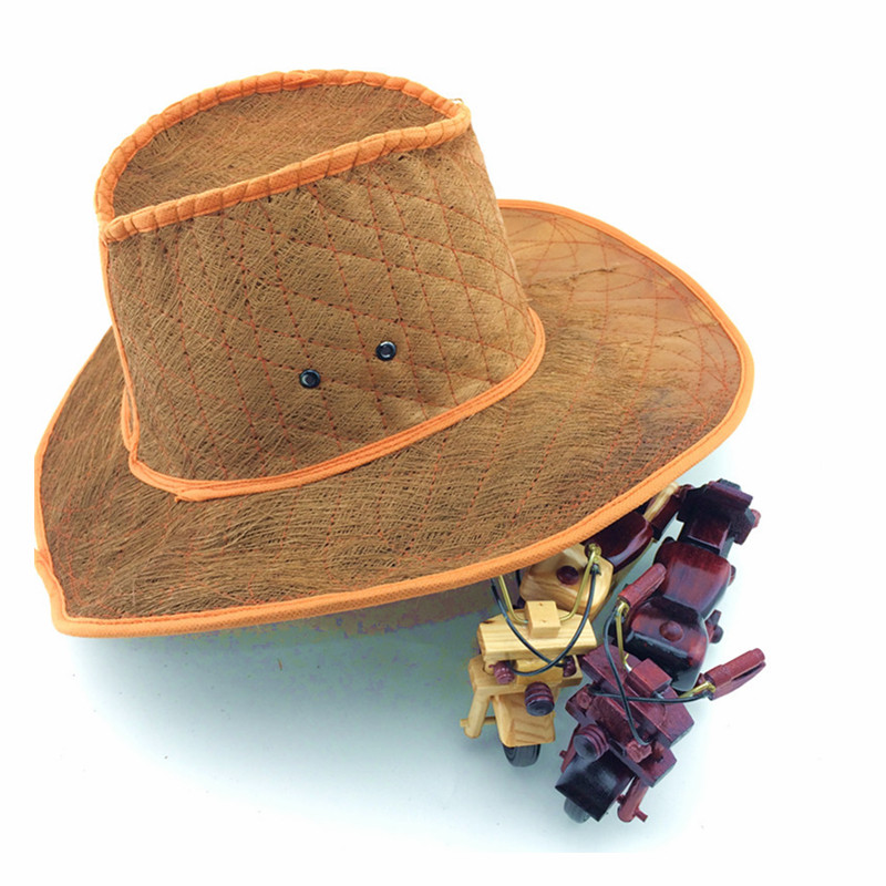 手工编织棕帽棕丝西部牛仔男士大檐遮阳帽舞台演出帽子