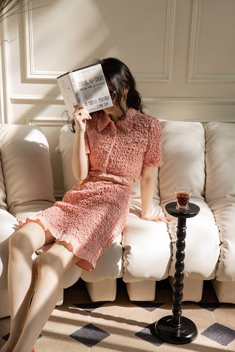 top方格短裙衬衫短袖荷叶小方粉色少女法式衬衫