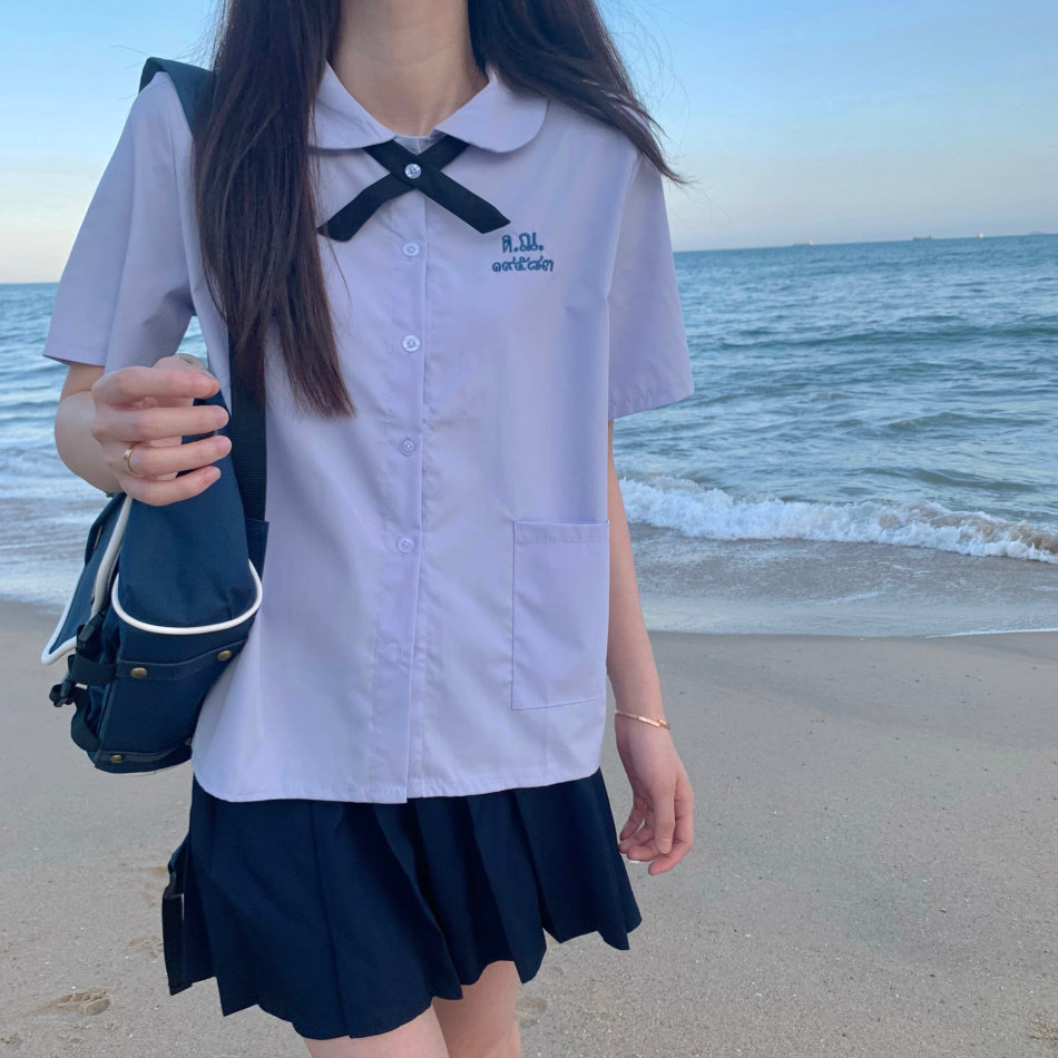 学院风泰国校服女夏季甜美初恋感蝴蝶结娃娃领短袖衬衫jk制服套装