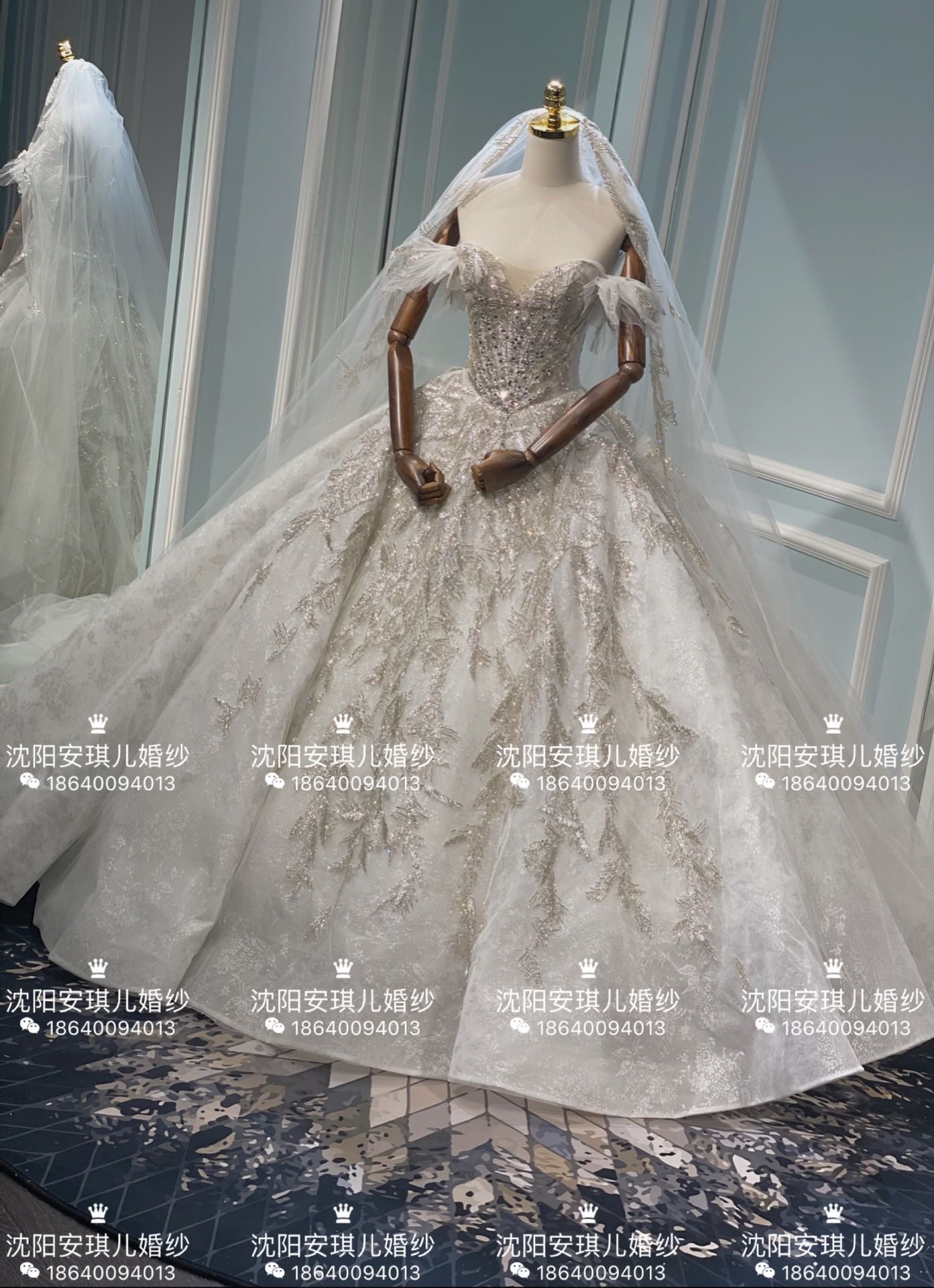 高级定制新娘婚纱礼服出租贝可曼尼品牌一字肩奢华拖尾婚纱租赁