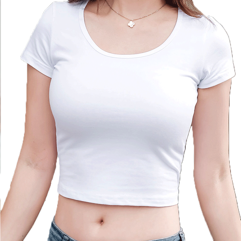 高腰显瘦白色t恤女2019新款短袖纯棉体恤性感漏肚脐露脐印花修身