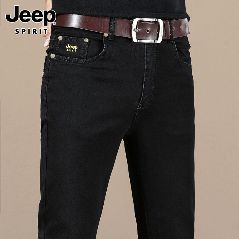 Jeep吉普夏季牛仔裤男士黑色修身小脚2022年新款潮流休闲长裤子男