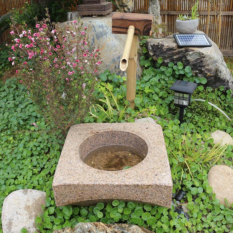 日式笠形圆口老石臼流水石钵庭院造景水钵洗手池花园景观石盆石槽