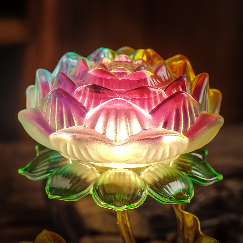 七彩莲花灯插电家用长明灯琉璃led灯佛水晶电子荷花灯