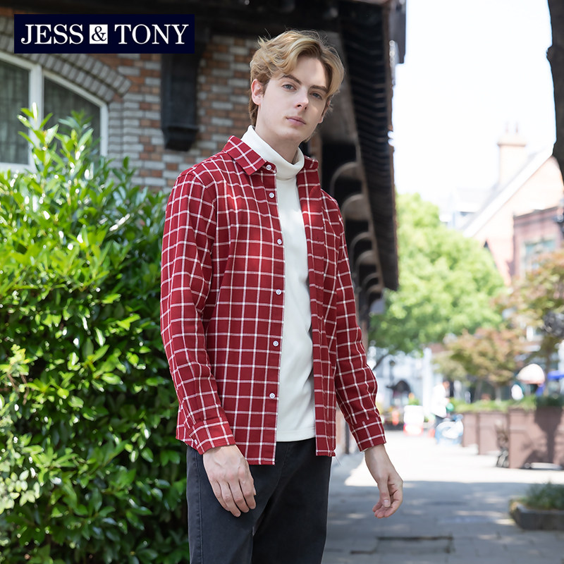 jesstony男士格子衬衫春秋男装全棉斜纹色织法兰绒衬衫