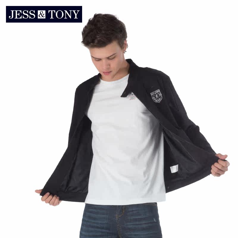 jesstony男装外套春秋男士基本机车开襟纯色立领夹克