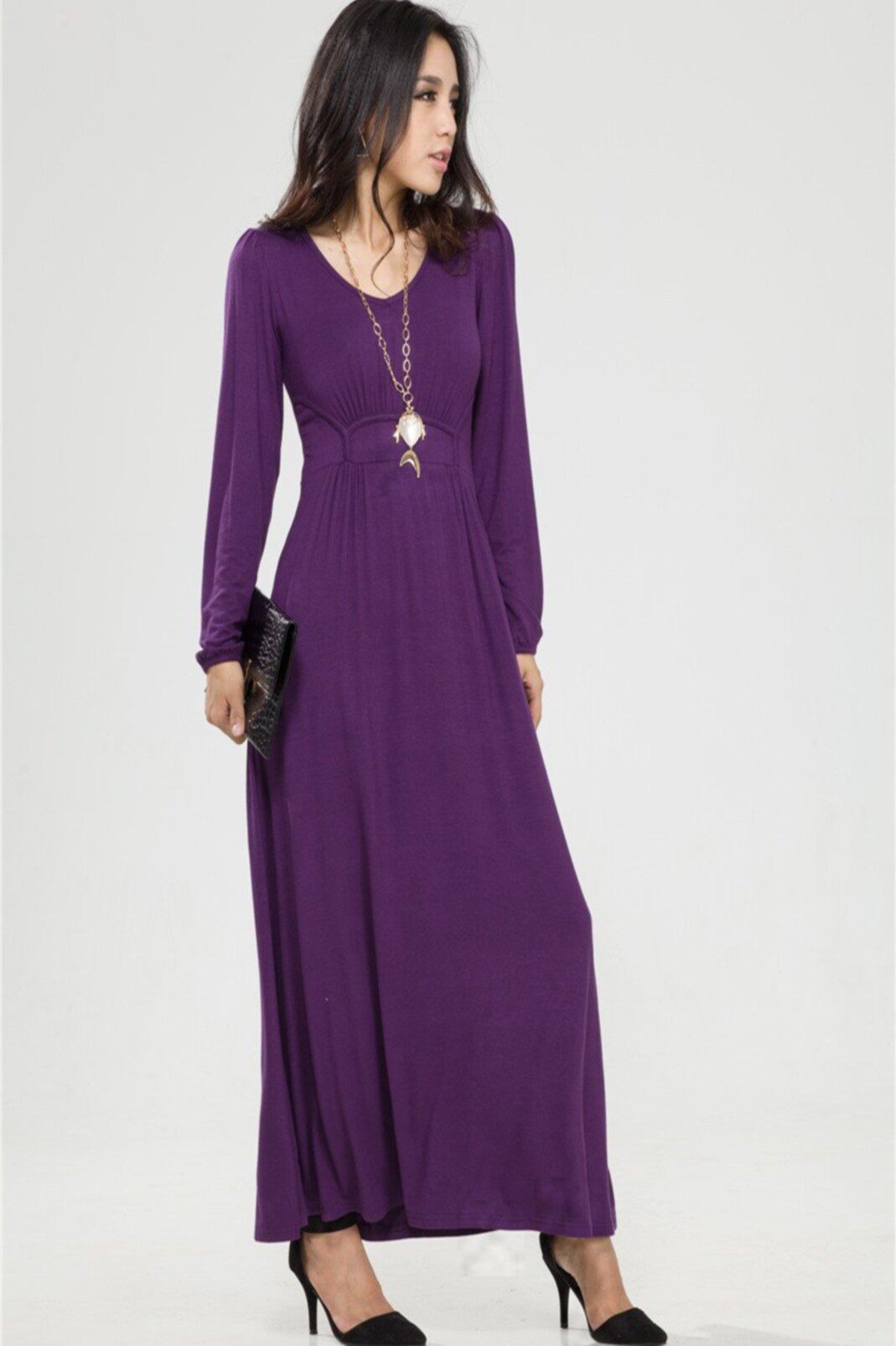 春夏莫代尔长袖v领长裙胖mm修身显瘦波西米亚大码打底连衣长裙女