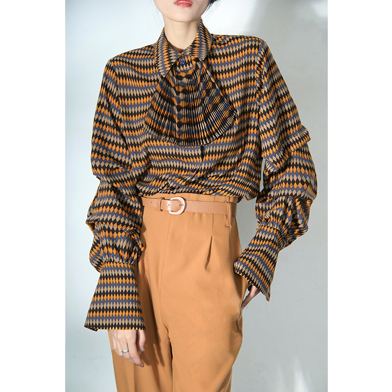 衬衫通勤2021秋季新款风琴领格韩系喇叭职业衬衫