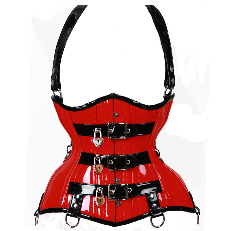 annzley新款漆皮双钢束腰外穿corset带锁塑身腰封