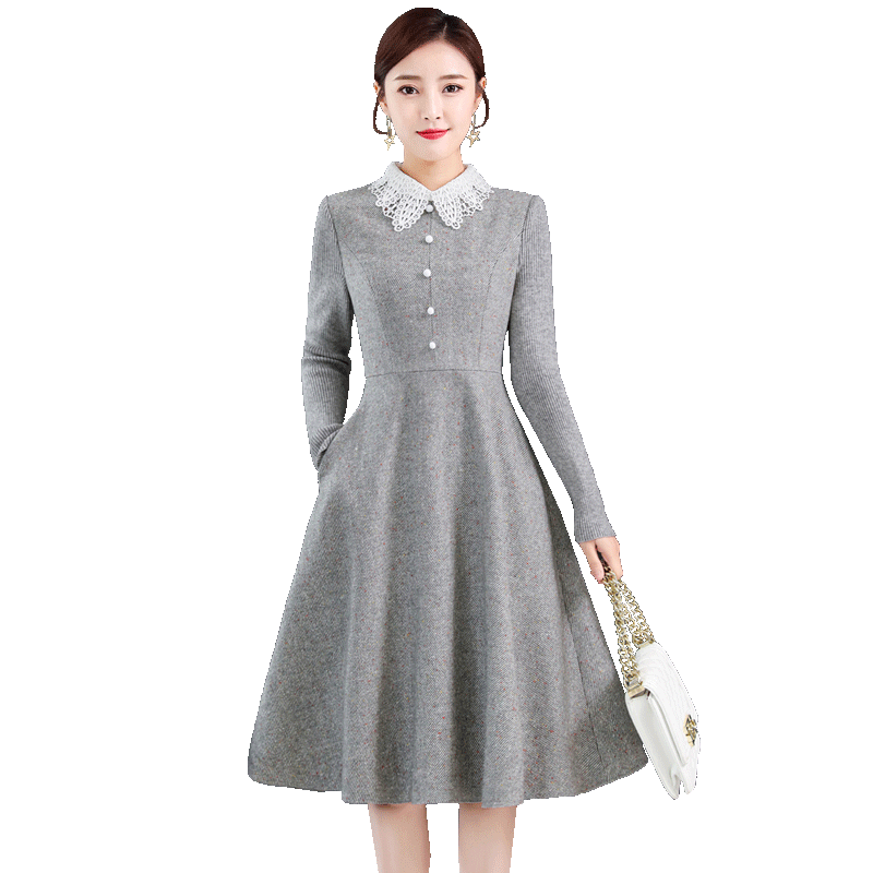 贵夫人毛呢连衣裙子秋冬新款女装中长款加绒加厚气质打底妈妈冬裙