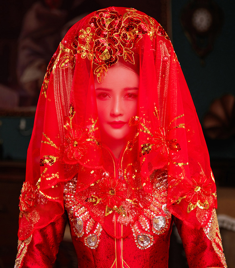 红盖头新娘头纱古风结婚中式秀禾蒙头半透明刺绣头纱