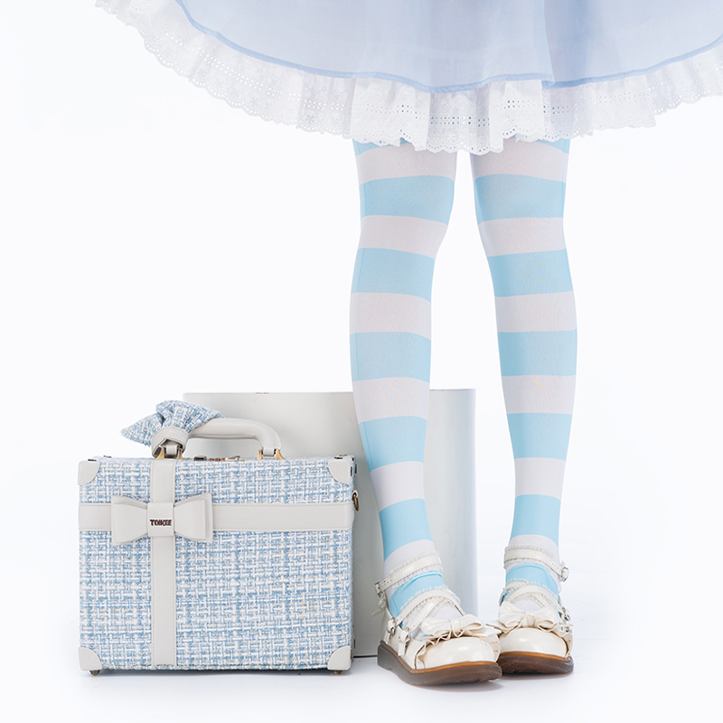 呜啦啦原创蓝白条纹猫爪袜子丝袜肉垫印花过膝lolita洛丽塔袜子