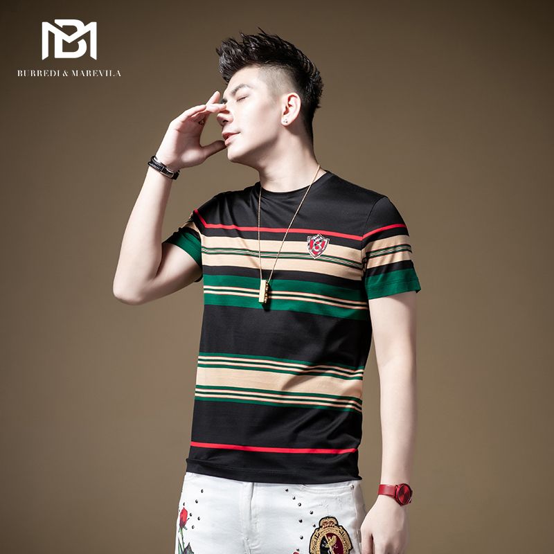 BM欧货高端大牌短袖t恤男条纹撞色印花潮牌百搭丝光棉男士半截袖