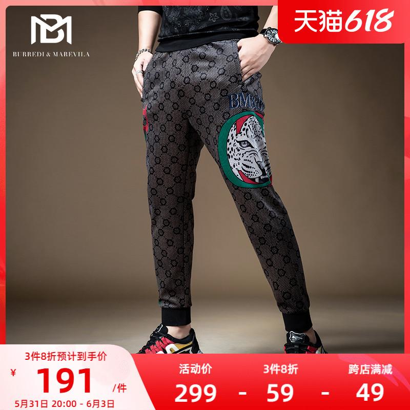 BM男士欧洲站轻奢印花卫裤男潮牌百搭束脚潮流韩版修身港风九分裤