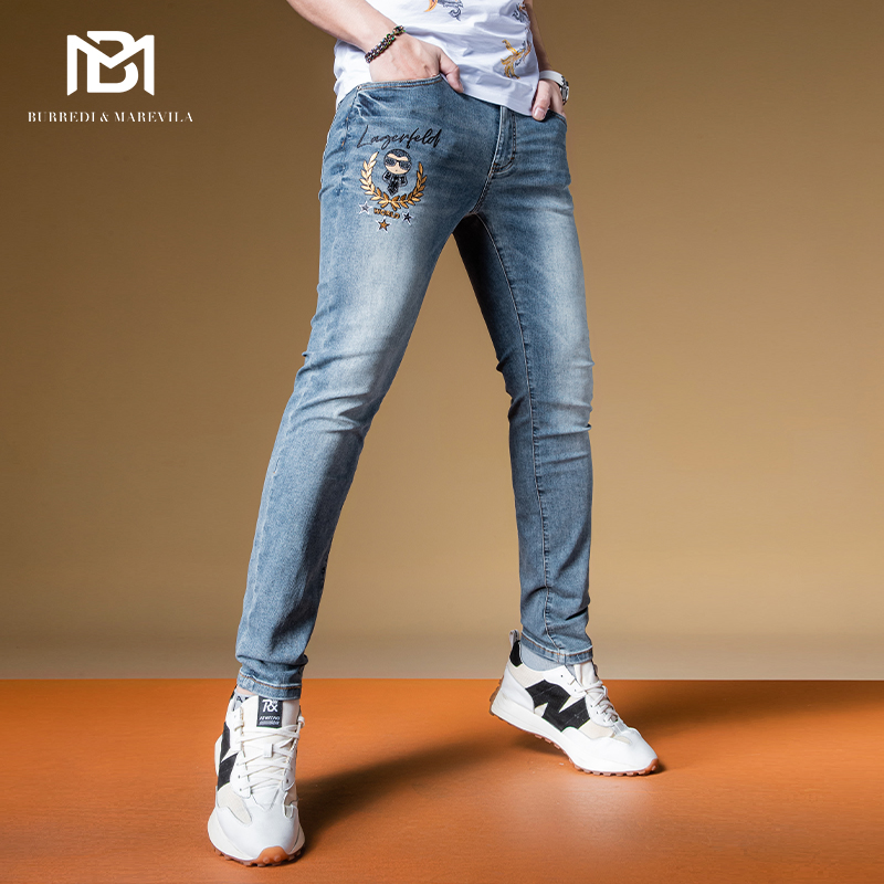 BM男士潮牌欧美街头裤子2022新款浅蓝色刺绣烫钻牛仔裤修身小脚裤