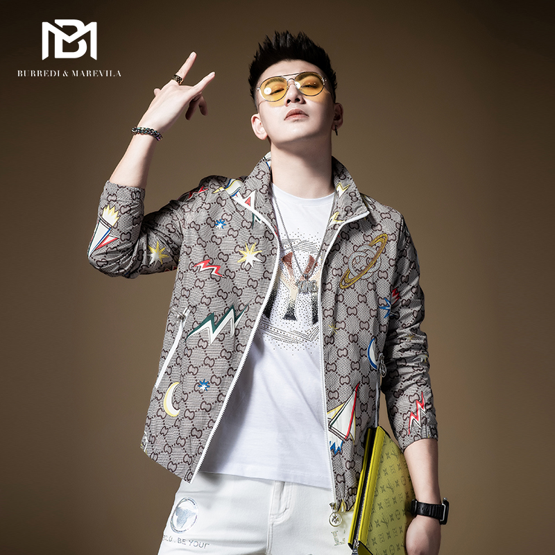 BM痞帅飞行员夹克外套男2021年新款男装春季薄款立领潮牌满版印花