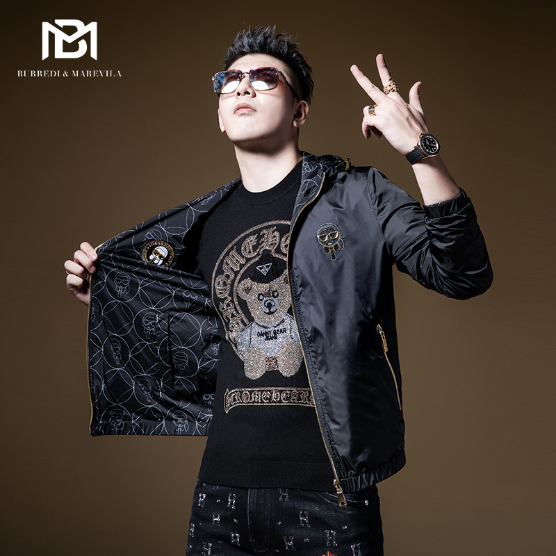 BM两面穿高级感外套男轻奢棉夹克潮流百搭卡通人物刺绣烫钻连帽厚