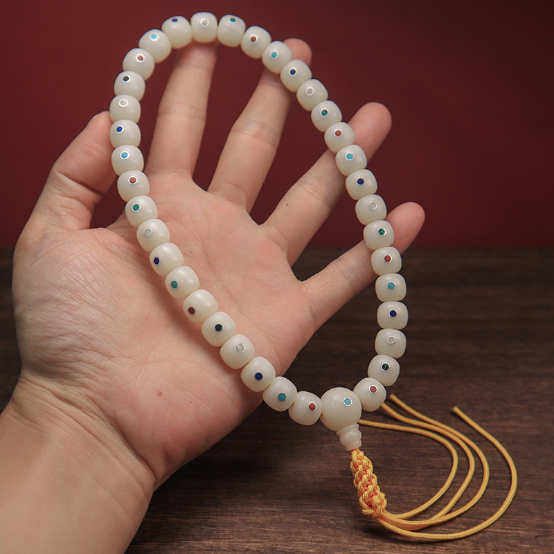 天然文玩白玉菩提36颗手持念珠镶嵌多宝老型佛珠