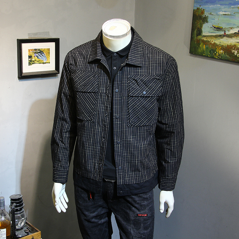春秋新款休闲夹克男士韩版宽松翻领格子外套潮流青年帅气拼接男装
