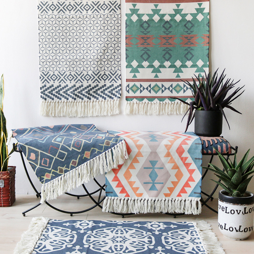 北欧风格编织棉布地毯手工客厅茶几卧室床边地毯