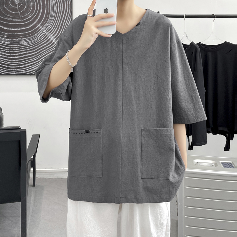 亚麻短袖T恤男夏季薄款中国风套装棉麻宽松V领潮牌男装休闲上衣潮