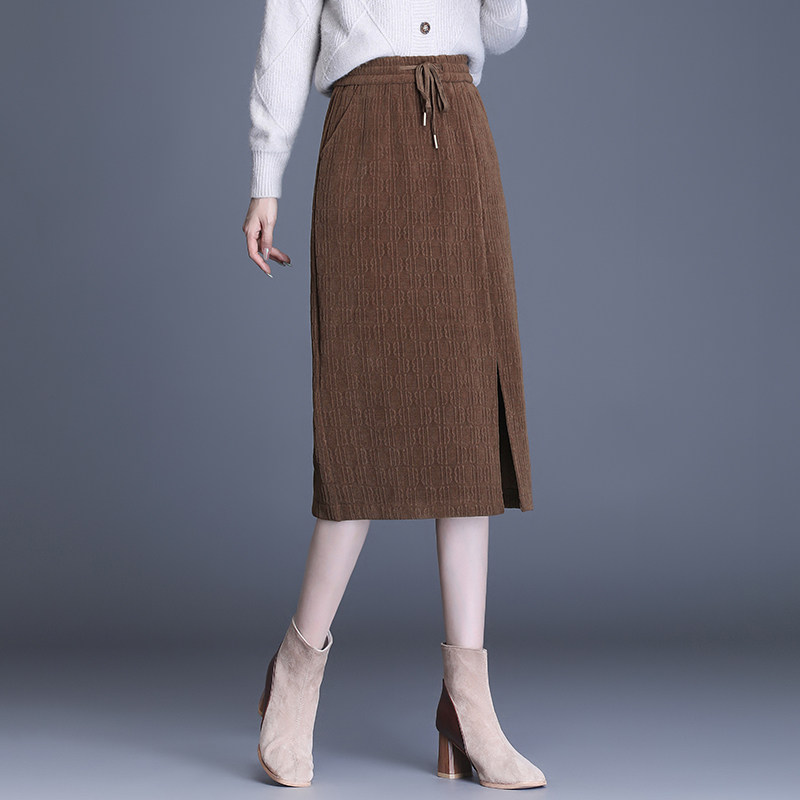 雪尼尔开叉筒裙一步裙女秋冬2021新款松紧腰显瘦中长包臀半身裙子