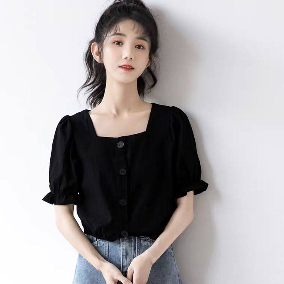 2020新款法式泡泡袖衬衫女短款-折啊app